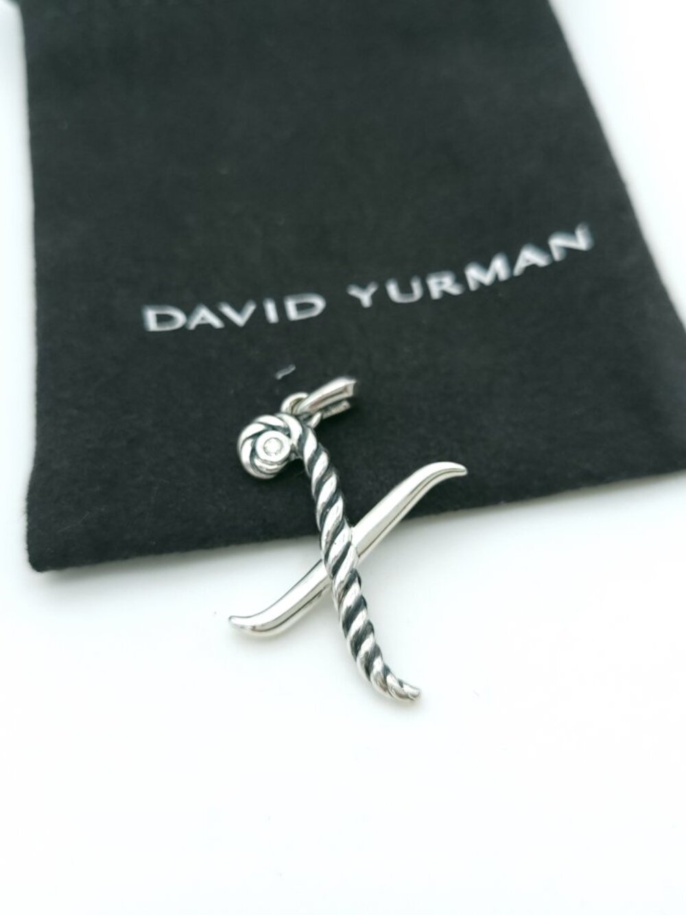 David Yurman Sterling Silver Script Initial "X" Letter Charm Diamond Pendant